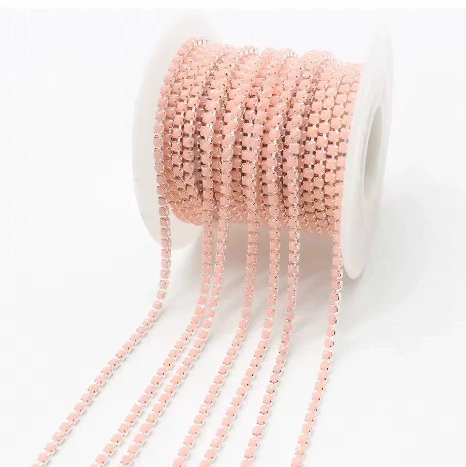 Ss6 Neon Peach Pink Acrylic on Silver Rhinestone Metal Rope Chain, Sold in yard Sundaylace Creations & Bling