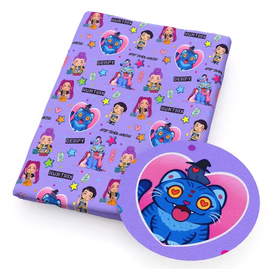 20*30cm Purple Cat with Huntrix Kpop Printed Faux Finish, Leatherette Sheet Leatherette
