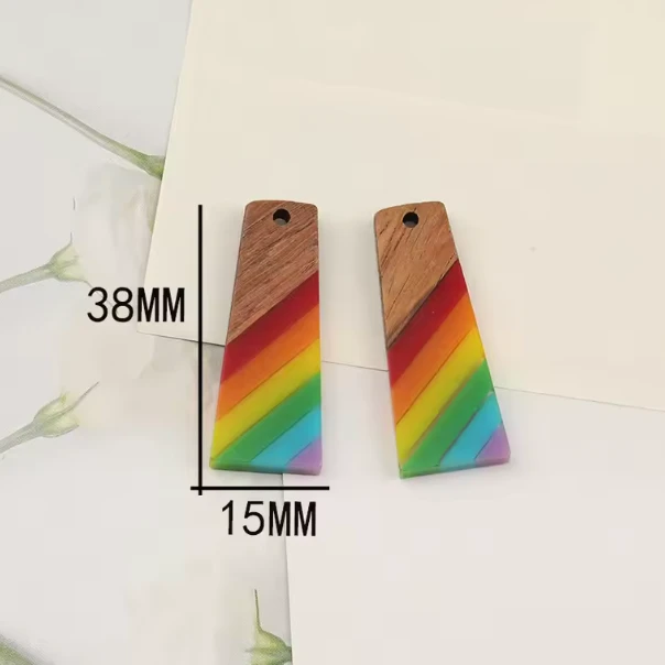 15*38mm Natural Wood and Striped Rainbow Acrylic, One Hole, Resin Gem (Sold In Pair) Resin Gems