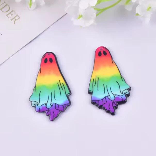 24*45mm Ghost with Striped Rainbow Acrylic, One Hole, Resin Gem (Sold In Pair) Resin Gems