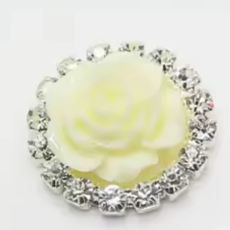 20mm White Rose in Silver Rhinestone Frame, Glue on Resin Gem (Sold in Pair) Pearl Rhinestone