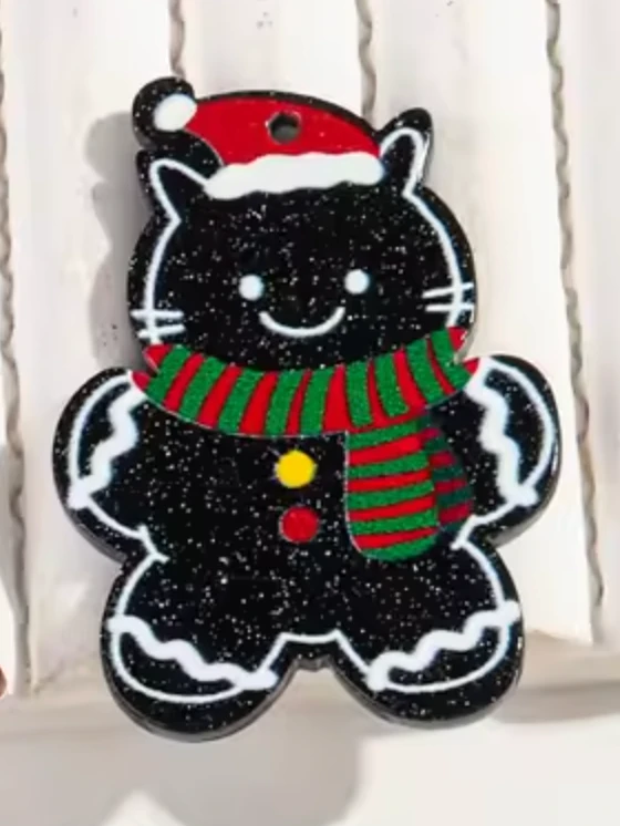29*40mm Glitter Black Santa Cat Cookie, Glue on, Resin Gem (Sold In Pair) Resin Gems