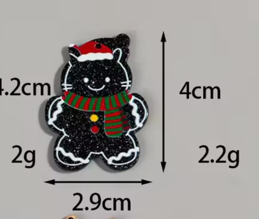 29*40mm Glitter Black Santa Cat Cookie, Glue on, Resin Gem (Sold In Pair) Resin Gems