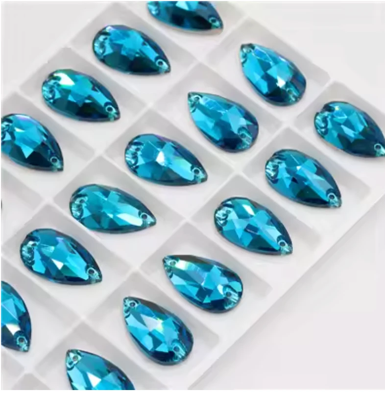 17*28mm Capri Blue Glass Teardrop, sew on, Fancy Glass Gem (Sold in Pair) Glass Gems