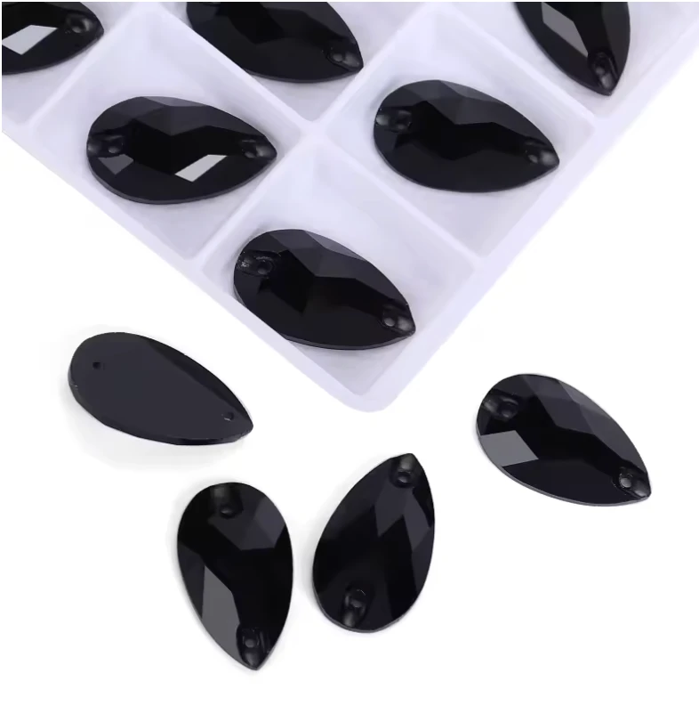 10*14mm Black Glass Teardrop, sew on, Glass Gem (Sold in Pair) Glass Gems