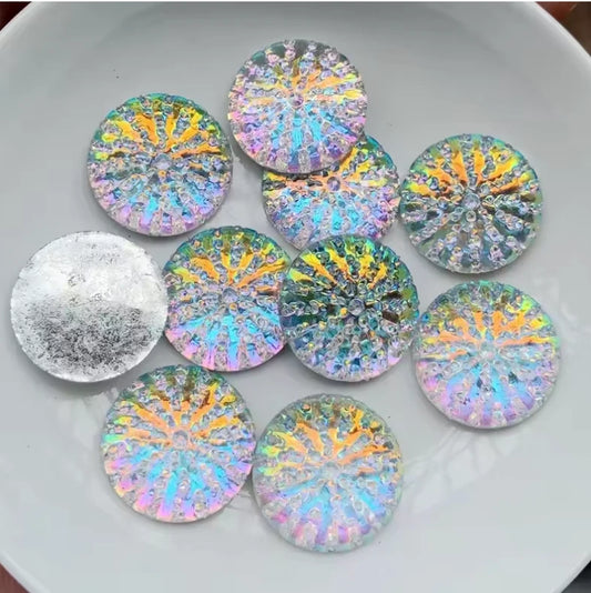 20mm Ab Burst Pattern Round, Glue on, Resin Gem (Sold in Pair) Resin Gems
