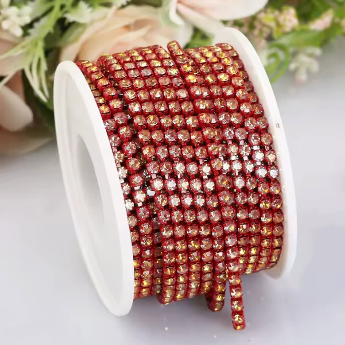 Ss6 Autumn Leaves Opal stone on Red Coloured Metal Rhinestone Chain (Sold in 36") Sundaylace Creations & Bling