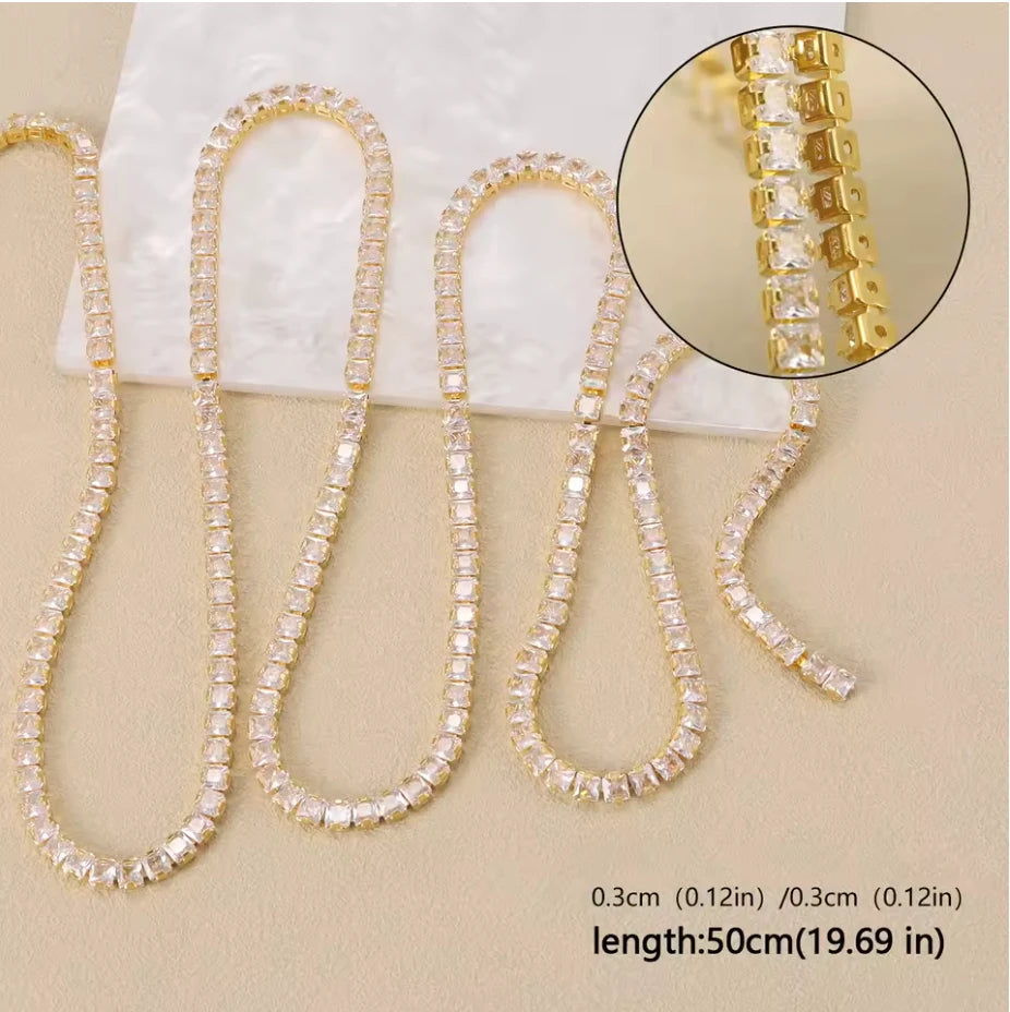 3mm Clear Square Stone with Gold Rhinestone Fancy Metal Chain, Sold in 18" *RARE* Sundaylace Creations & Bling