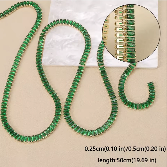 2.5*5mm Green RECTANGLE STONE with Gold Rhinestone Metal Chain, Sold in 18" *RARE* Sundaylace Creations & Bling