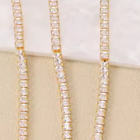 3mm Clear Square Stone with Gold Rhinestone Fancy Metal Chain, Sold in 18" *RARE* Sundaylace Creations & Bling