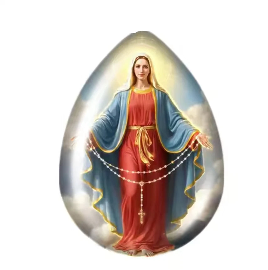 Teardrop-shaped glass with a religious figure and 'goddessglass' branding.