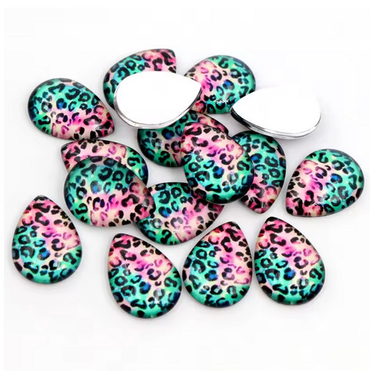13*18mm Pink Teal Animal Print Teardrop, Glue on, Fancy Glass Resin Gem (Sold in Pair)