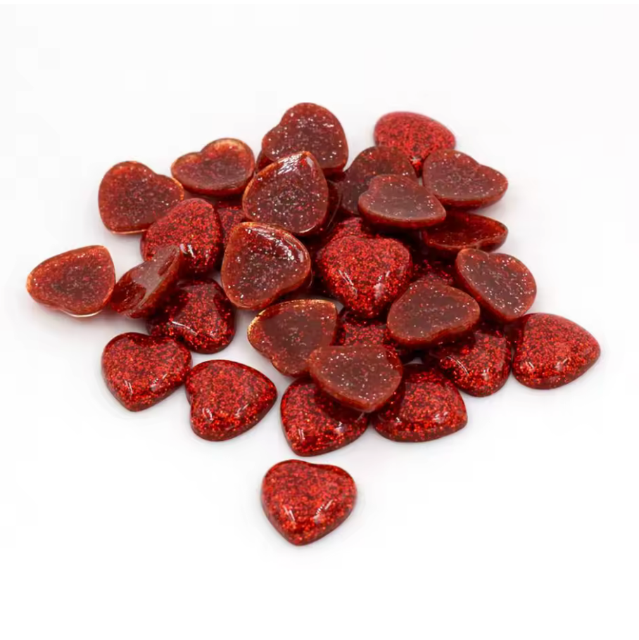 12mm Glitter Red Heart, Rivoli Glue on, Resin Gem (Sold in Pair) Fancy Glass Gems