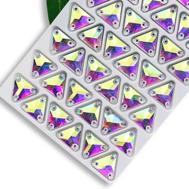 12mm Triangle Sew On Glass Gem Flat Back - Crystal AB (Sold in Pair) Glass Gems