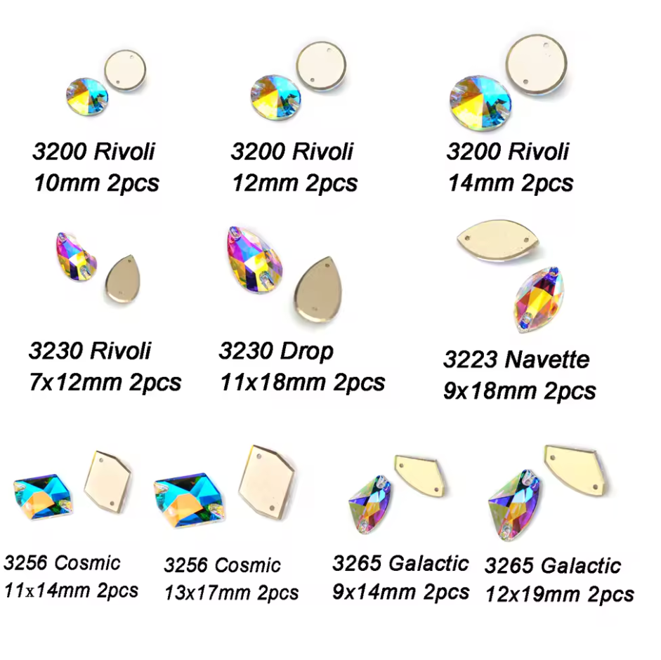 Collection of various crystal stones with labeled sizes and types on a white background