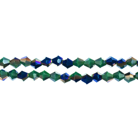 4mm Opaque Dark Green with Half Blue Iris, Crystal Lane Bicone (96pc) 2 x 7-inch Strand Crystal Lane