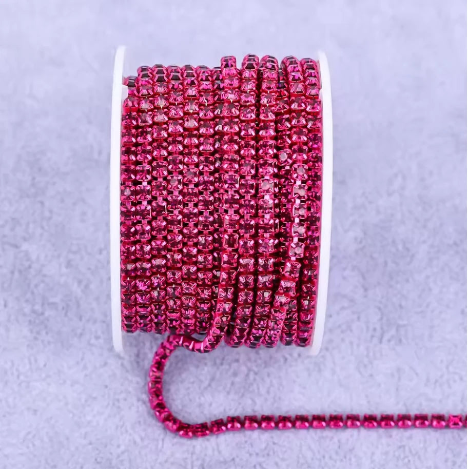 Ss6 HOT Pink Stone, on PINK Coloured Metal Rhinestone Chain (Sold in 36") Sundaylace Creations & Bling