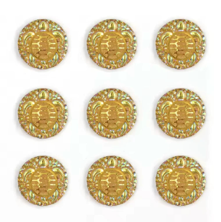 25mm Yellow AB Swimming Turtle with textured background, AB Circle, Sew on, Resin Gems (Sold in Pair) Resin Gems