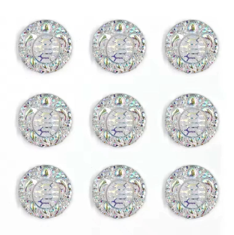 25mm AB Swimming Turtle with textured background, AB Circle, Sew on, Resin Gems (Sold in Pair) Resin Gems