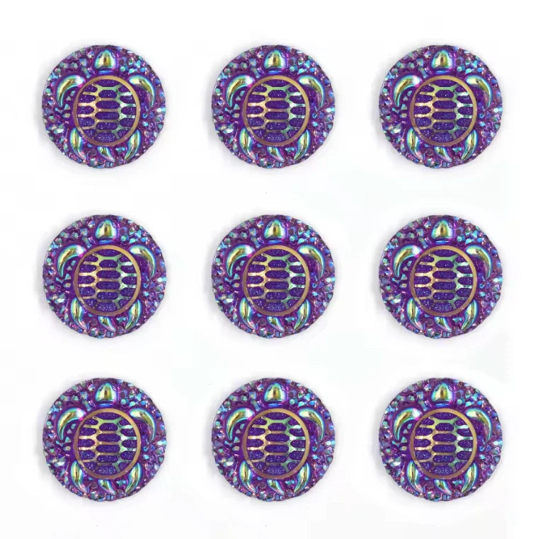 25mm Purple AB Swimming Turtle with textured background, AB Circle, Sew on, Resin Gems (Sold in Pair) Resin Gems