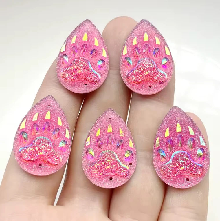 25mm Pink AB Bear Claw Teardrop, Sew on, Resin Gems (Sold in Pair) Resin Gems