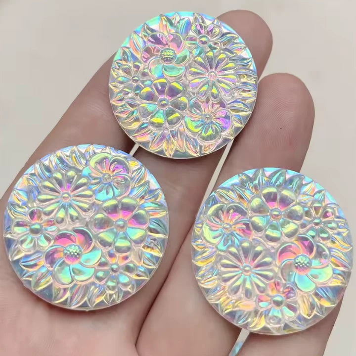 30mm Crystal AB floral design Round, Sew on, Resin Gem (Sold in Pair) Resin Gems