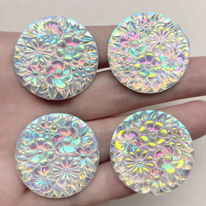 30mm Crystal AB floral design Round, Sew on, Resin Gem (Sold in Pair) Resin Gems