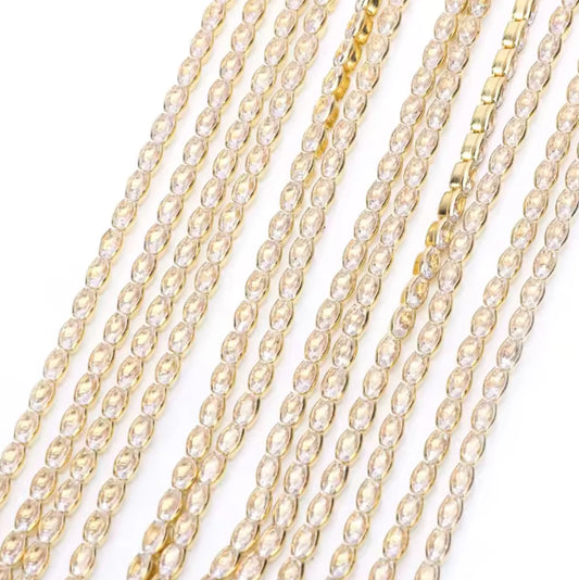 3*5mm Clear Oval Stone with Gold Rhinestone Fancy Metal Chain, Sold in 18" *RARE* SS6 Metal Rhinestone Chain