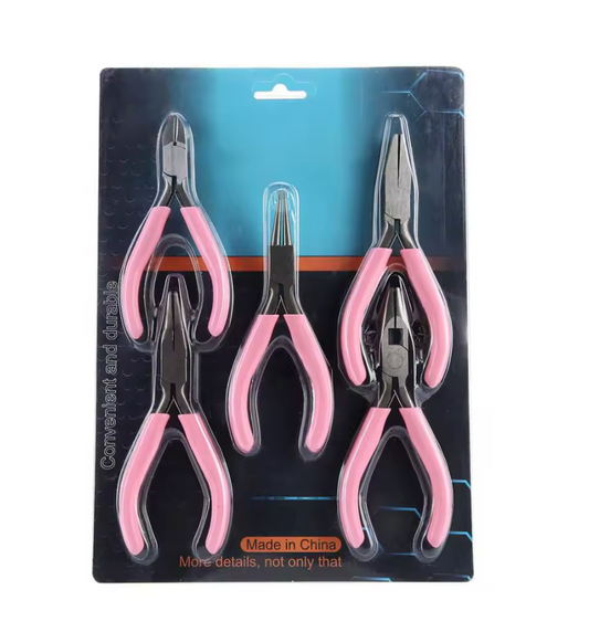 5Pcs - 4 Inch Pink Mini Metal Pliers Set Curved Straight Tip Plier, New Beader Basics Sundaylace Creations & Bling