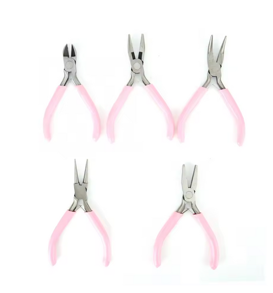 5Pcs - 4 Inch Pink Mini Metal Pliers Set Curved Straight Tip Plier, New Beader Basics Sundaylace Creations & Bling