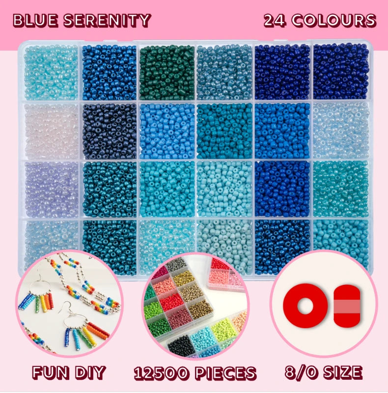 Blue Serenity Bead Box - 24 Colors Glass Seed Beads 8/0 - 300g, Promotions Sundaylace Creations & Bling