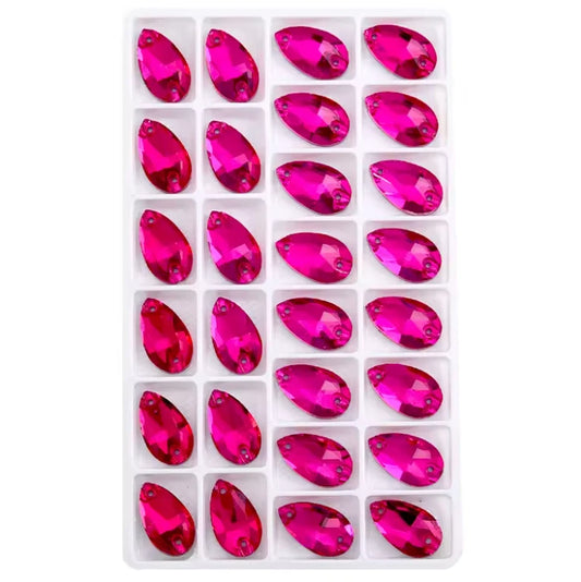 17*28mm Hot Pink Teardrop, Sew on, Fancy Glass Gem (Sold in Pair)