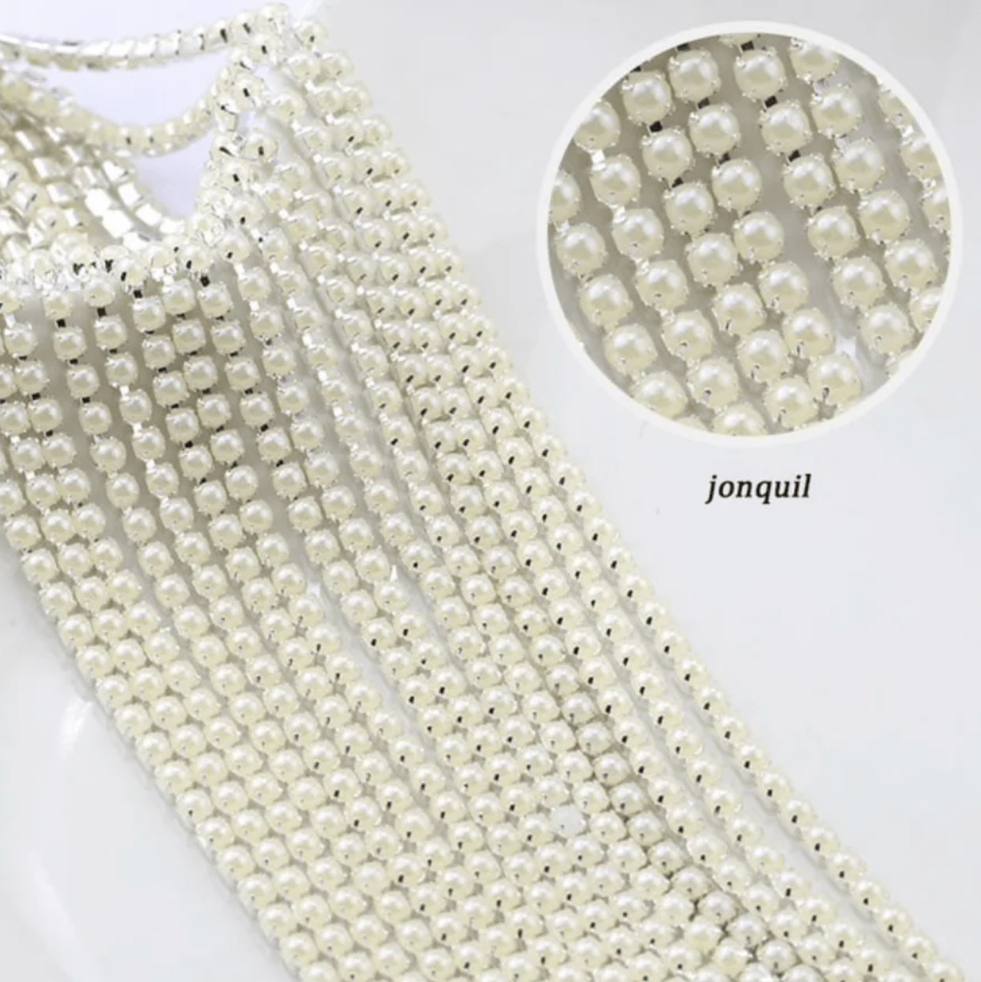 Ss6 Jonquil- Ivory- Light Yellow Pearl Stone, Silver Metal Rhinestone Chain (Sold in 36") Sundaylace Creations & Bling