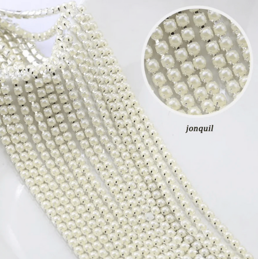 Ss6 Jonquil- Ivory- Light Yellow Pearl Stone, Silver Metal Rhinestone Chain (Sold in 36") Sundaylace Creations & Bling