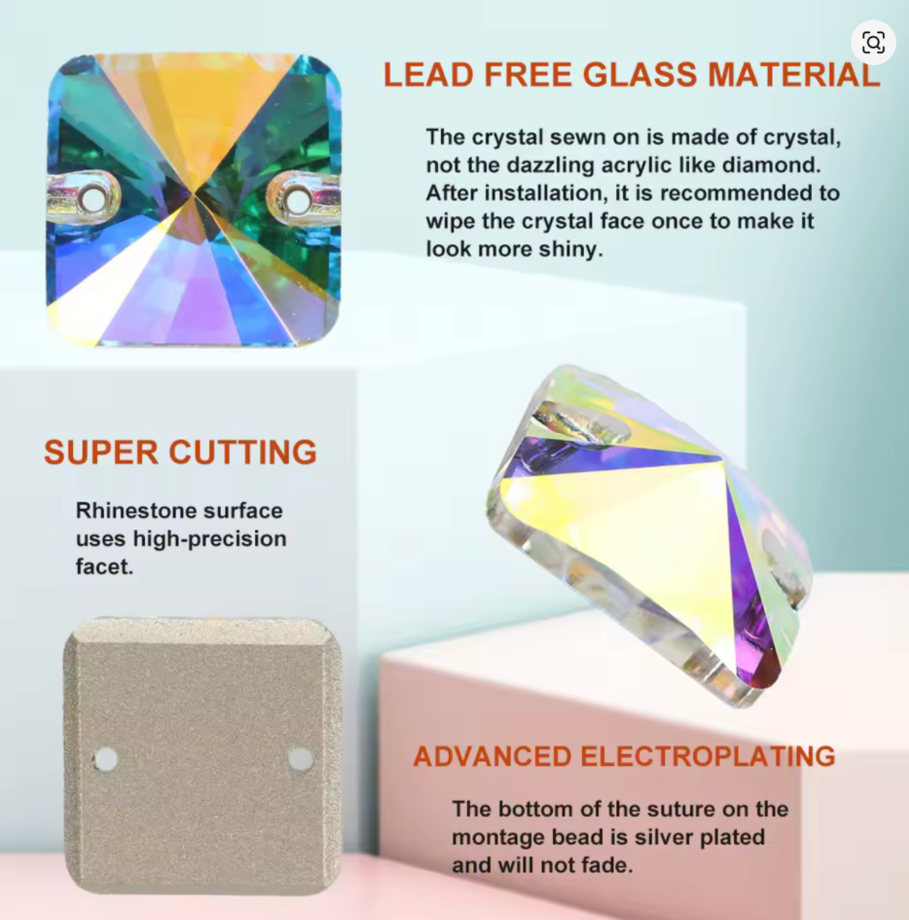 14mm Crystal AB Square Top Rounded, Sew on, Glass Gem (Sold in Pair) Fancy Glass Gems