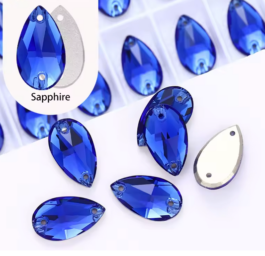 13*22mm Sapphire Teardrop, High Quality sew on, Fancy Glass Gem (Sold in Pair) Glass Gems
