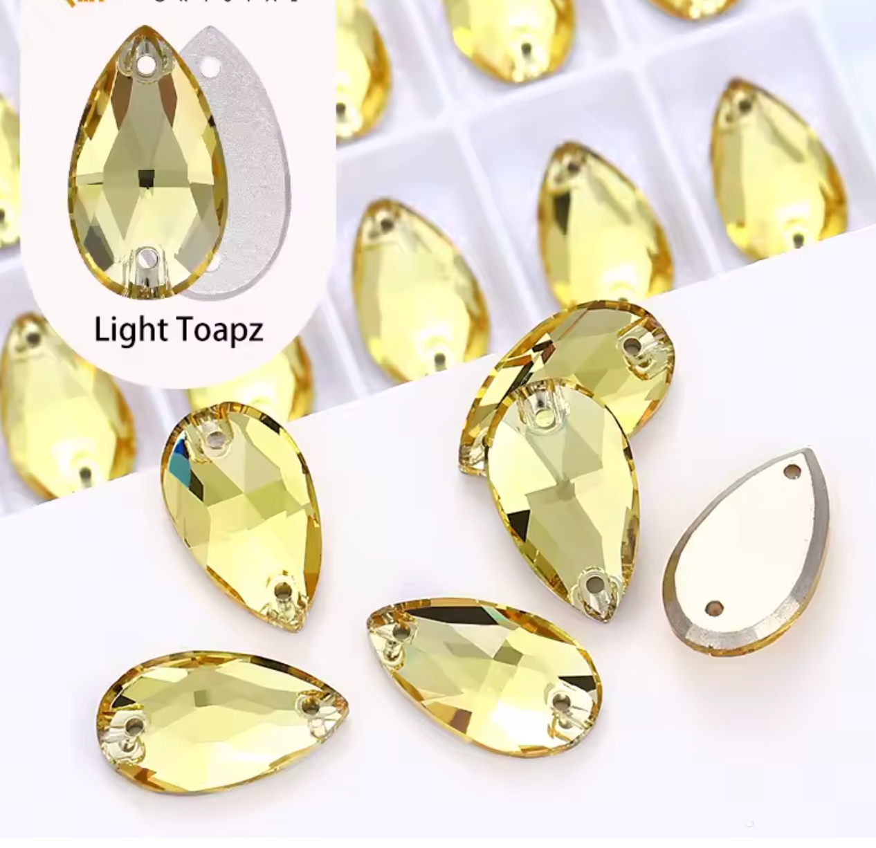 13*22mm Light Topaz Yellow Teardrop, High Quality sew on, Fancy Glass Gem (Sold in Pair) Glass Gems
