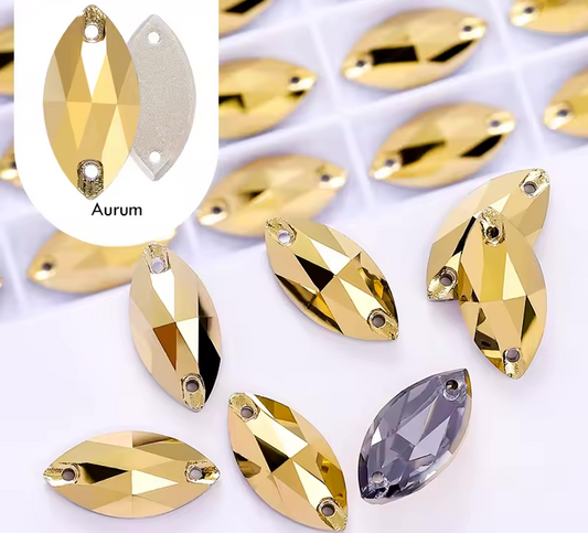 9*18mm Aurum Gold Navette, High Quality, Sew on, Fancy Glass Gem (Sold in Pair) Fancy Glass Gems