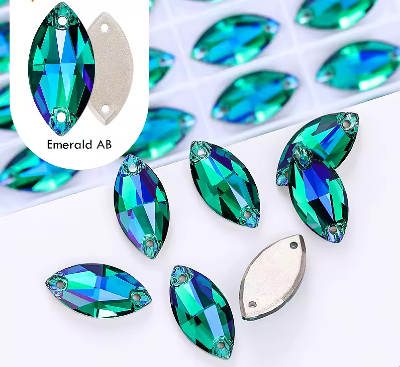9*18mm Emerald AB Navette, High Quality, Sew on, Fancy Glass Gem (Sold in Pair) Fancy Glass Gems