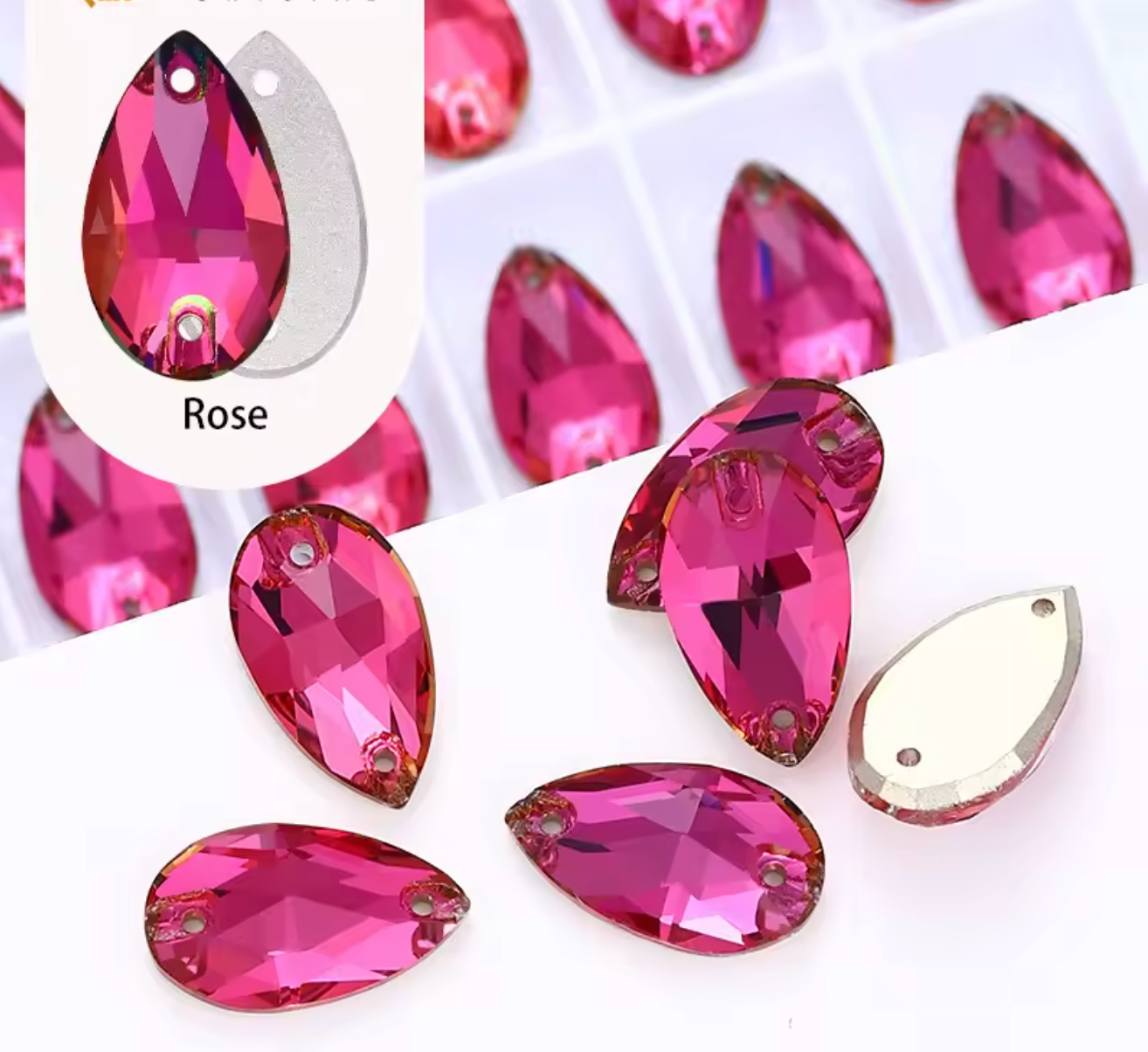 11*18mm Pink Rose Flame Teardrop High Quality, sew on, Fancy Glass Gem (Sold in Pair) Fancy Glass Gems