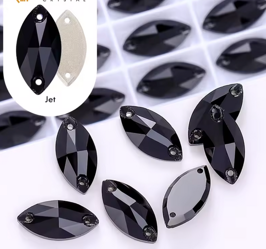 6*12mm Black Navette, Sew on, Glass Gem (Sold in pairs) Glass Gems