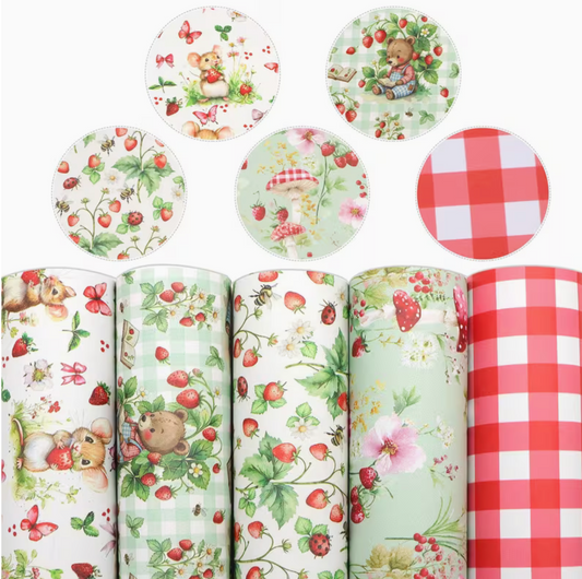 20*30cm "Strawberry Cuties" 5 Sheet Set, Printed Leatherette Sheet, Bulk Leatherette