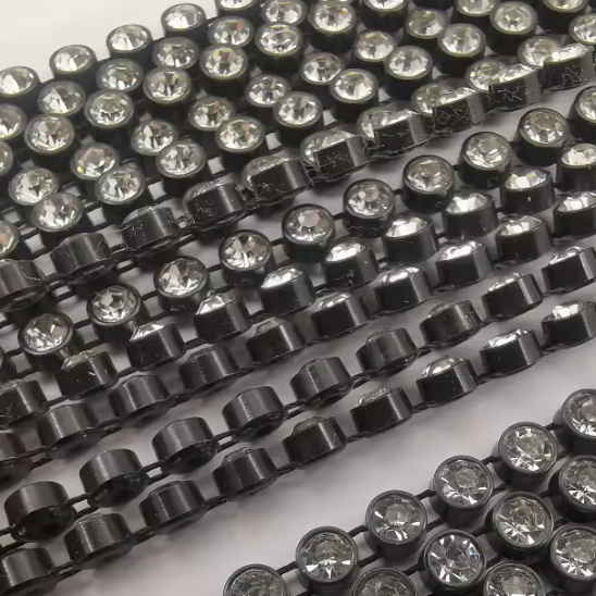 Ss12 Clear on Black Plastic Rhinestone Banding, Crystal Lane Brand, Sold by yard Plastic Rhinestone Chain