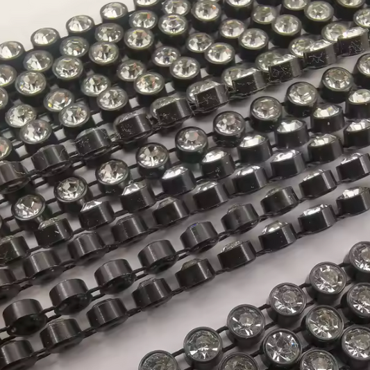 Ss12 Clear on Black Plastic Rhinestone Banding, Crystal Lane Brand, Sold by yard Plastic Rhinestone Chain