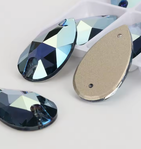10.5*18mm Denim Blue Teardrop, Sew on, Fancy Glass Gems (Sold in Pair) Fancy Glass Gems
