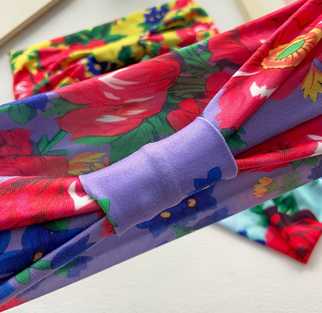 Single Strench Headband "Kokum Scarf" Grandma Cloth in Floral Patterns, Promotional Item Sundaylace Creations & Bling