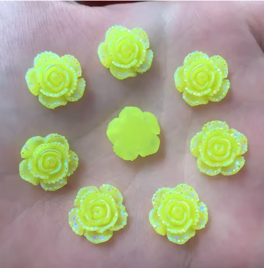 15mm, Yellow AB, AB Mixed Roses with a Flat profile, Glue on, Resin Gems, Resin Gem, (Sold in Pair) Resin Gems