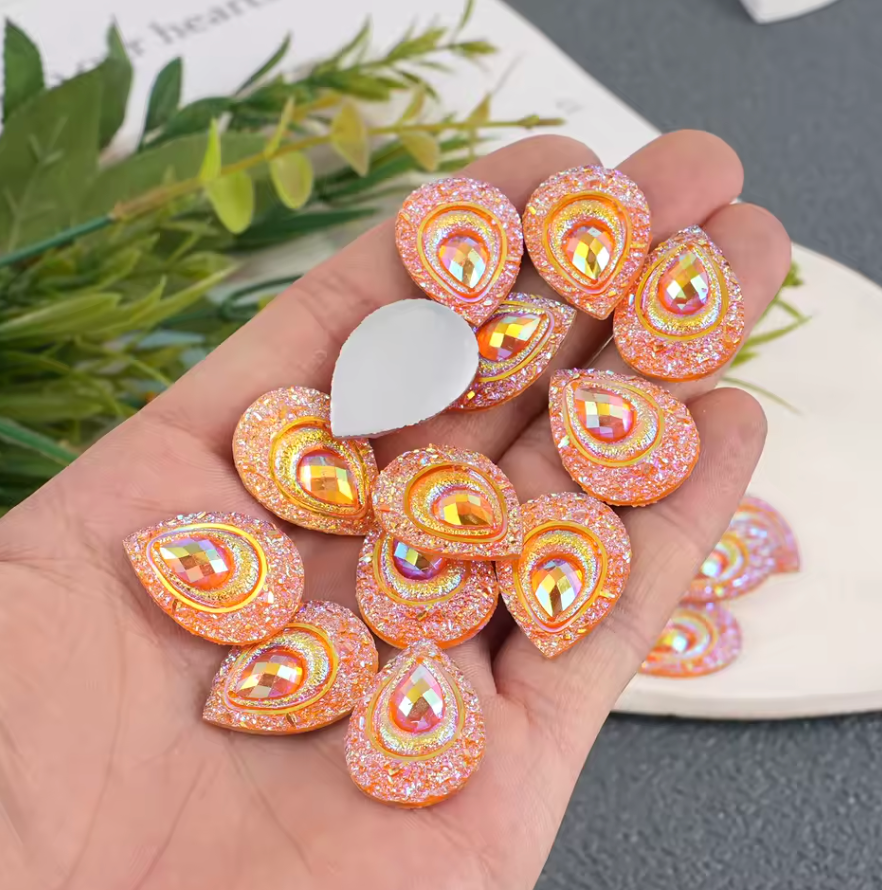 17*25mm Orange AB Teardrop with Peacock Pattern, Sew On, Resin Gem, (Sold in Pair) Resin Gems