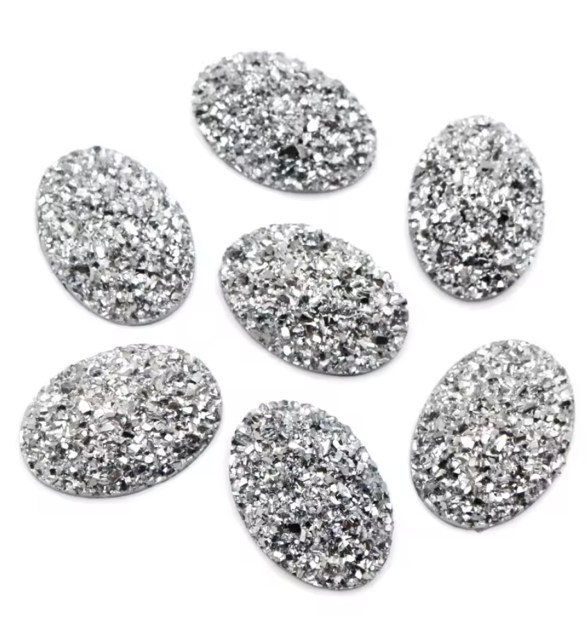 13*18mm Oval Silver Druzy, Glue on, Resin Gem, (Sold in Pair) Resin Gems