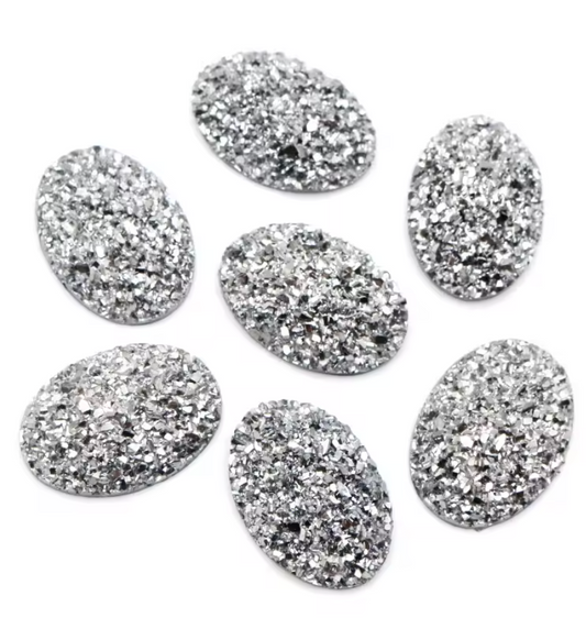 13*18mm Oval Silver Druzy, Glue on, Resin Gem, (Sold in Pair) Resin Gems